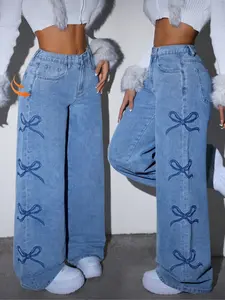 Women's Loose Wide Leg Pants, Printed Bow Button Design, High Waisted Fashion Elastic Waist, Perfect Fit Jeans, Casual Wear