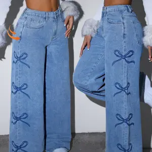 Women's loose wide leg pants with printed bow design, high waist fashionable elastic waist, perfect fit jeans, casual wear