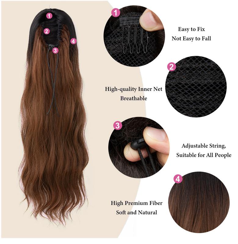 Yetta Body Wave Drawstring Ponytail Extension Synthetic Hair for Women Soft Wavy Curly Texture Lightweight Comfortable Easy to Wear 22 Inch Length Wig Clip Hair Extensions Knotless Box Braid Knotless Box Braid