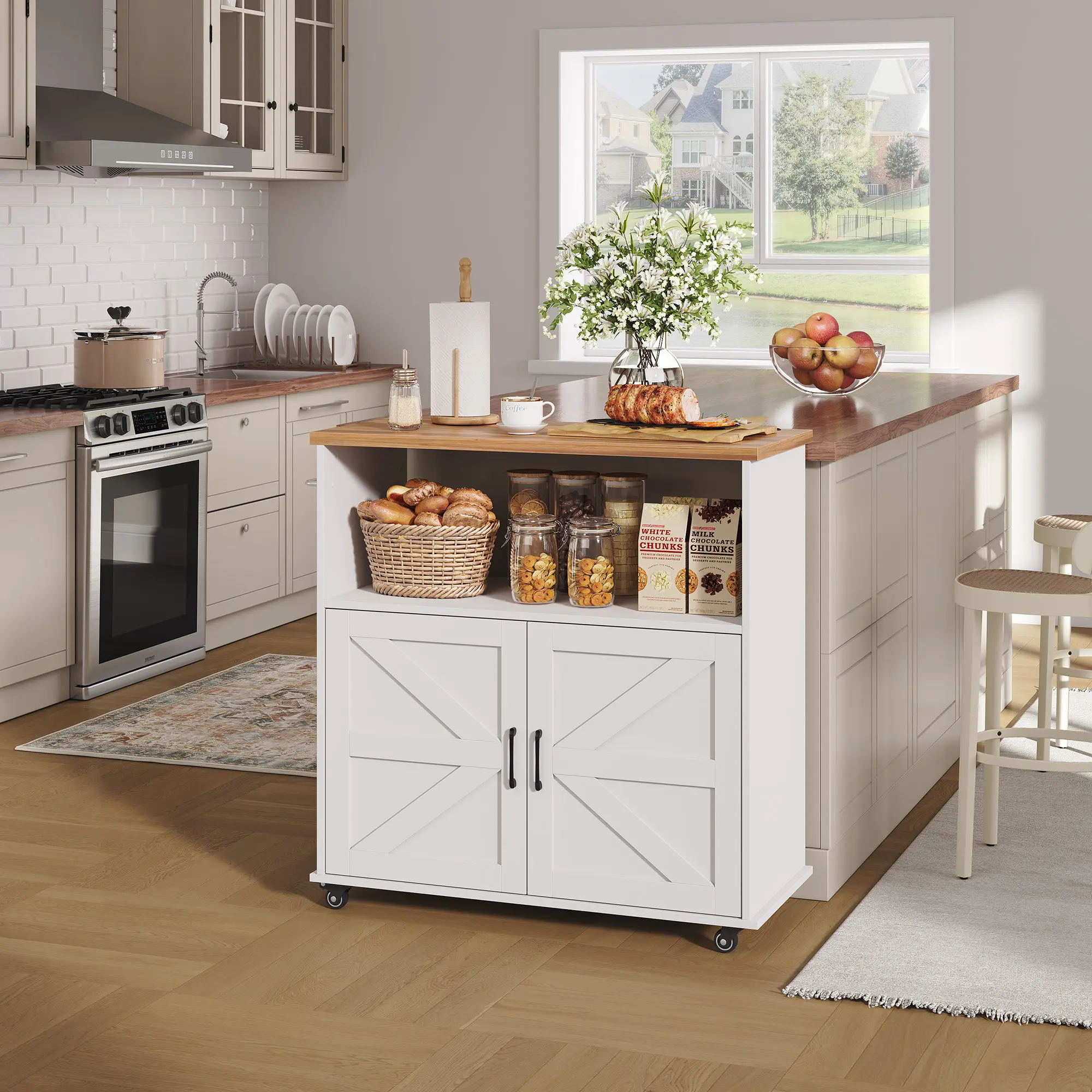 Rolling Kitchen Island with Storage Cabinet, 40.4'' Width Cart, Portable Mobile Kitchen Island with Towel Rack, Wood Top and Lockable Wheels