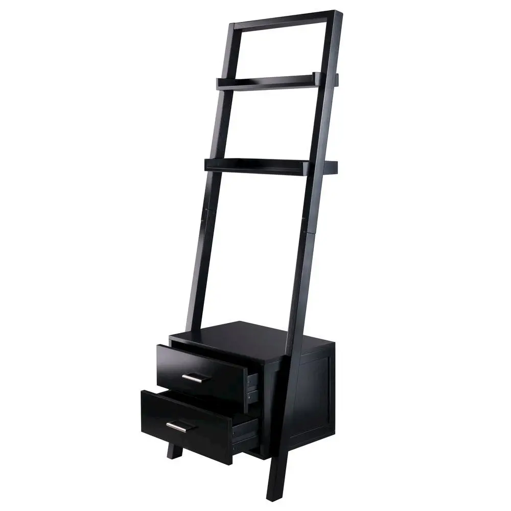 Black Leaning Shelf, Ladder Design, Storage Rack, Two Drawers
