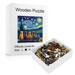 Stary Night Cat Wooden Puzzle Fun Unique Design for Adults Kids 5A Difficulty Levels L M Eco-Friendly Wood Material