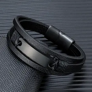 Personalize Multilayer Braided Genuine Leather Bracelets for Men Customize Name Words Stainless Steel Casual Male Bangle