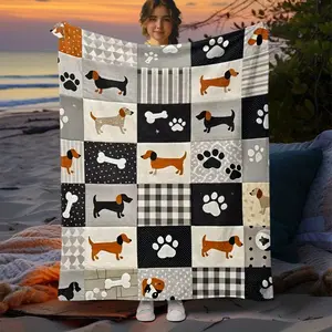 Soft Flannel Blanket, Dachshund Dog Paw Print Patchwork Warm Cozy Throw, Durable Plush for Home Couch Bed, Dog Lover Gift & Bedroom Decor Accessory