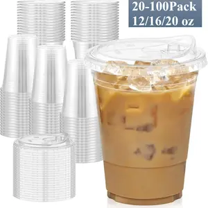 20/50Pcs Clear Plastic Can Shaped Cups with Lids 12oz/16oz/20oz Sturdy Iced Coffee Cups with Sip lids Disposable Plastic Smoothie Cups for Cold Drinks