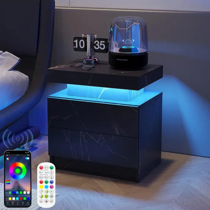 Bedroom Nightstand with 2 Drawers and 16-Color Adjustable RGB LED Lights, Modern Bedside Table Storage Bedroom Nightstand with 2 Drawers and 16-Color Adjustable RGB LED Lights, Modern Bedside Table Storage
