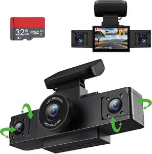 3 Channel 1080P Dash Cam with 32G Card Front Inside Left Right Loop Recording Triple Camera for Cars 24/7 Parking Monitor Wide Angle IR Night Vision G-Sensor Black