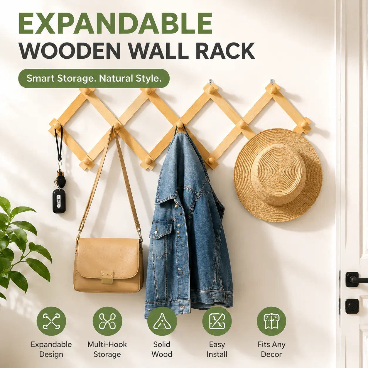 Expandable Wooden Wall Mounted Coat Rack, Folding Accordion Clothes Hanger with Hooks, Space Saving Entryway Organizer for Hats, Bags, Jackets & Home Storage
