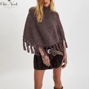 Women's Sweater Ponchos High Neck Loose Fit Solid Color Winter Tassel Capes and Shawls