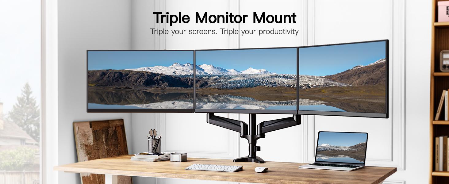 HUANUO Triple Monitor Mount for 17'' to 32'' Screens, Gas Springs Adjustment Triple Monitor Stand with Swivel, Tilt, Rotation, Clamp & Grommet#TikTokShopBlackFriday