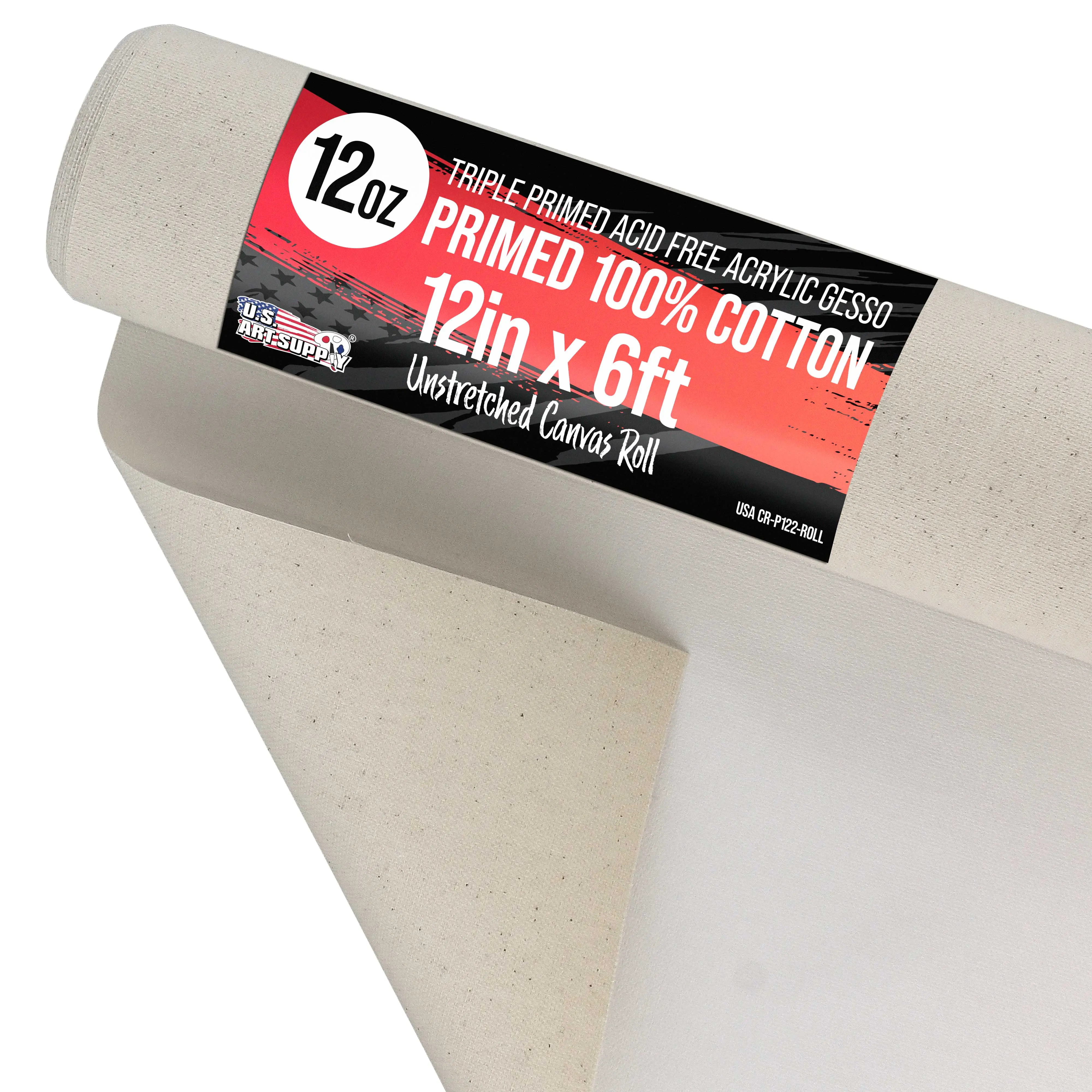 12-Ounce Triple Primed Gesso 12" Wide x 6' Long (2 Yards), 100% Cotton, Acid-Free - Unstretched Canvas Rolls for Painting, Oil & Acrylic, Murals - Cut To Frame Size