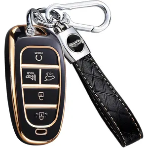 Suitable for Hyundai Keychain Cover with Key Ring, High-Quality TPU Material Key Shell for 2024 2023 2022 Hyundai Sonata Tucson Santa Fe Remote Control Smart Car Key Protective Cover (5 Keys Black)
