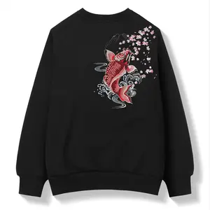 Sw9197 Niepce Black Japanese Streetwear Embroidered Red Koi Fish Sweater