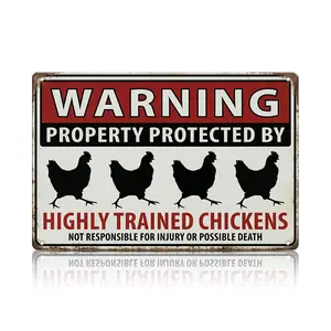 Funny Chicken Warning Sign| Highly Trained Chickens Metal Wall Decor| Aluminum Farm Sign for Yard, Coop & Fence| 8x12 Inch / 12x16 Inch Vintage Wall Art
