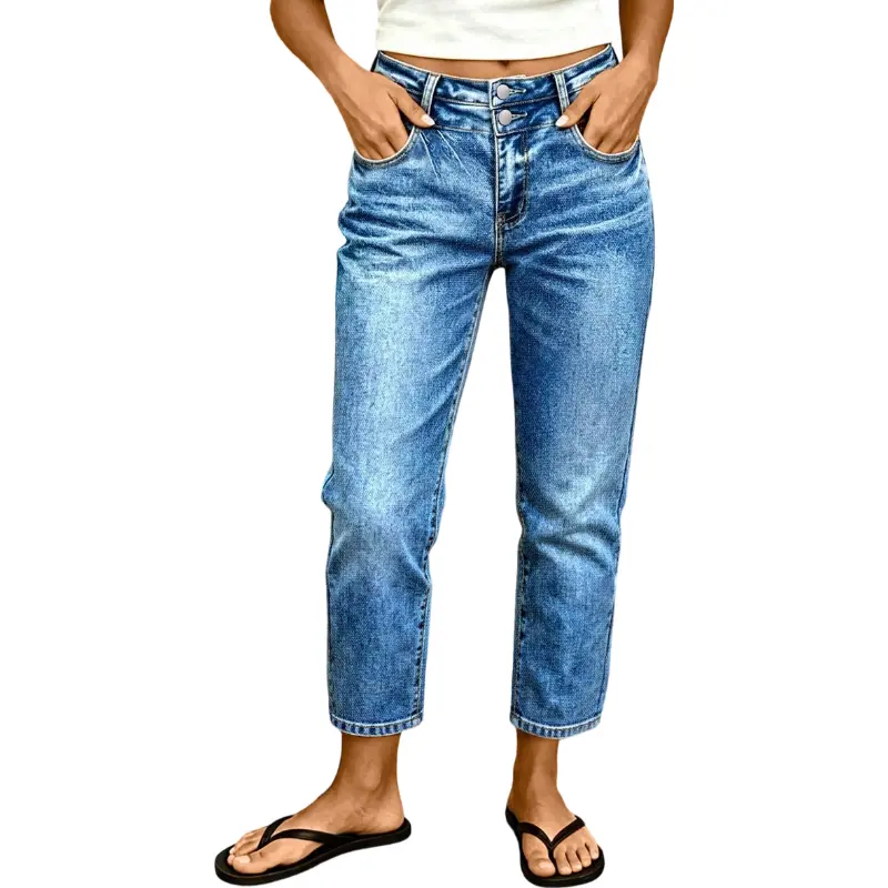 Flamingals Wash Dual Button Mid Rise Straight Leg Crop Jeans Stretchy 25.4" Inseam