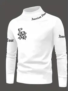 Men's High Neck Long Sleeve Shirt, 'American Tour' & Gothic Monogram Graphic Print, Casual Streetwear Outfit for Trendsetters, Comfortable Fit, Ideal for Daily Wear & Leisure Looks with American Retro Vibe, Casual Streetwear Tops