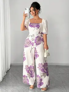 Plus Size Women's Floral Printed Square Neck Bubble Sleeve Romper, High Waist Wide Leg Slimming Elegant Overall Pants, Fashionable Ladies' Clothing