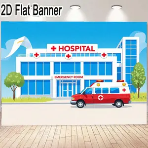 2D flat banner, 1pcModern Hospital Illustration Banner - Cartoon Style Hospital Design with Ambulance and Trees Perfect for Health-Themed Decorations, Emergency Room Sign, White Building with Blue Windows, Red Cross Details, Ideal for Medical Event
