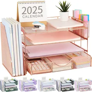 Desk Organizers and Accessories with File Holder, 4-Tier Desk Accessories & Workspace Organizers with Drawer and 2 Pen Holder, Paper Organizer for Office Supplies (Rose Gold)