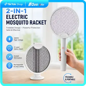 Foldable Electric Fly Swatter Racket, 2-in-1 Bug Zapper with UV Purple Attractant Light, USB Rechargeable Mosquito Killer for Indoor Outdoor Home Patio Camping, 3-Layer Safety Mesh & Standing Base