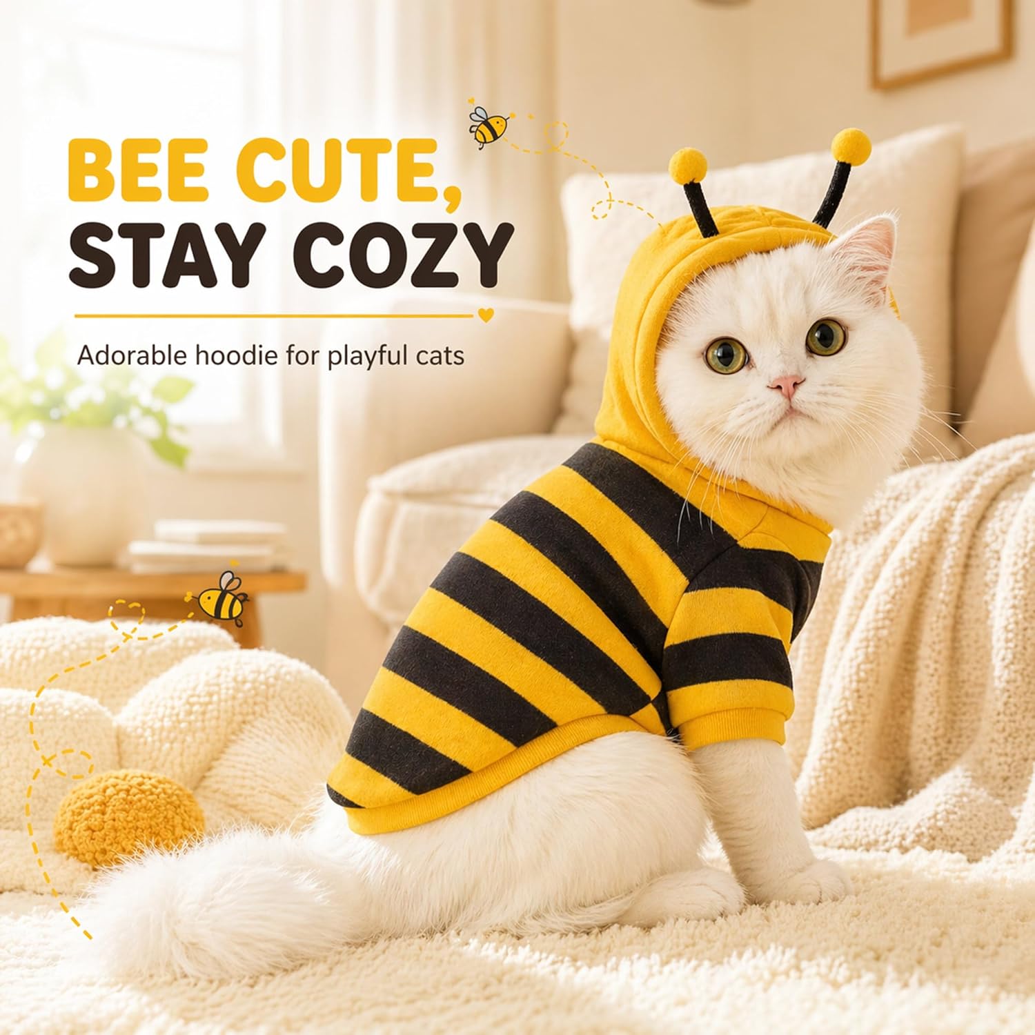 Halloween Cat Bee Costume for Cats & Small Dogs, Bumble Bee Pet Costume, Soft Fleece Hoodie with Antennae, Funny Pet Halloween Costume, Puppy & Kitten Outfit, Pet Photo Prop