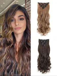 Natural Wave Hair Extensions, 6 Pieces, Clip-In Hair Extension, Adjustable Size, Heat Resistant, Deep Chestnut Color, Reusable & Detachable, Wavy Synthetic Hairpiece