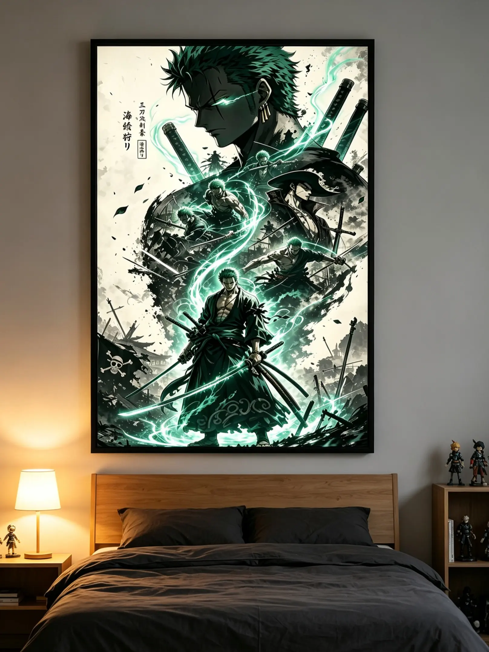 Roronoa Zoro One Piece Anime Poster, Three Sword Style Samurai Wall Art, Dark Manga Swordsman Canvas Print, Japanese Anime Room Decor, Perfect Gift for Anime Fans
