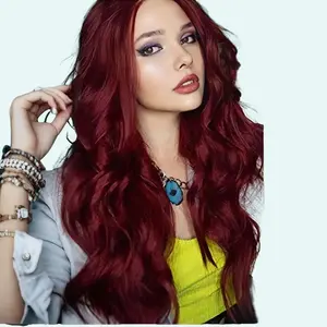 26 Inch Body Wave Lace Wig Middle Part Glueless Synthetic Colored Burgundy Long Wavy Wigs  for Women Party Daily Use