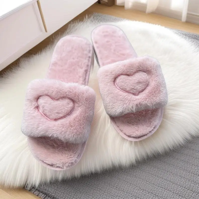 Women's Heart Print Polyester Plush Slippers - Fuzzy Warm Slide Shoes, Soft Fluffy Footwear, Soft Cushioned Cozy Bedroom Indoor Footwear for Home Use, Multiple Colors, Sohochic