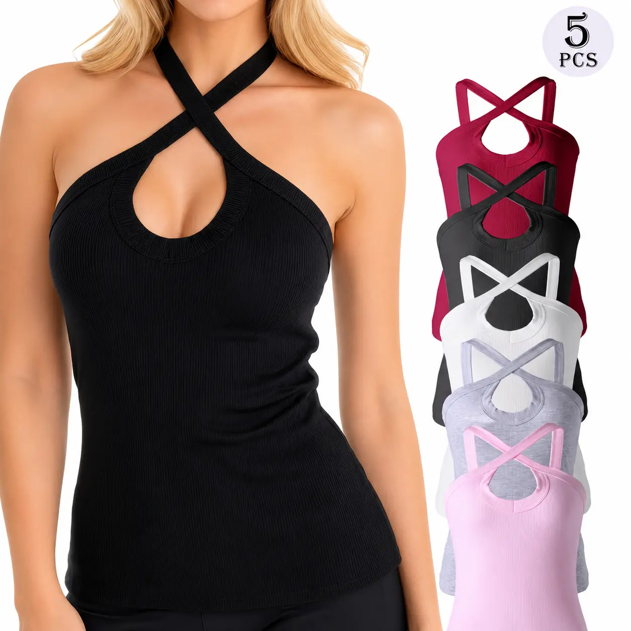 【5 Pack】Women's Criss Cross Halter Tank Tops Ribbed Knit Sleeveless Slim Fit Sexy Keyhole Camisole Summer Casual Y2K Going Out Shirts Soft Stretch Basic Cami Vest for Women, White Gray Pink Red Black, Breathable Lightweight Everyday Tops Free shipping
