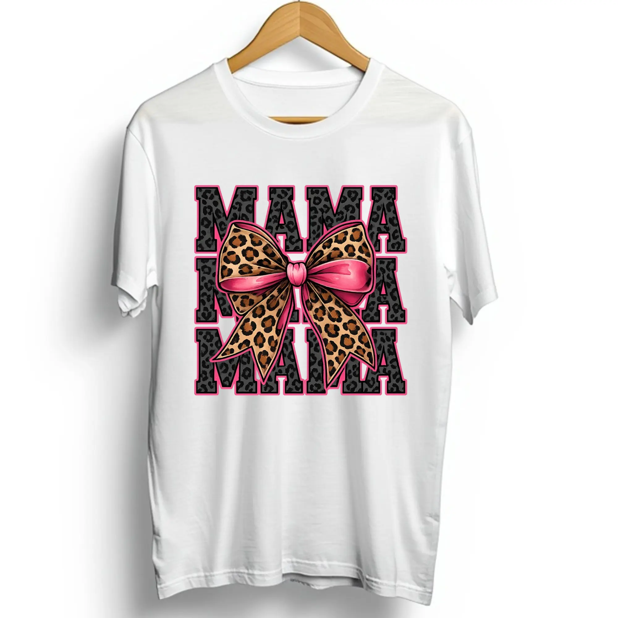 Mama Black Leopard With Pink Leopard Bow  Direct To Film Print, DTF Print, Ready To Press Print For T-Shirts