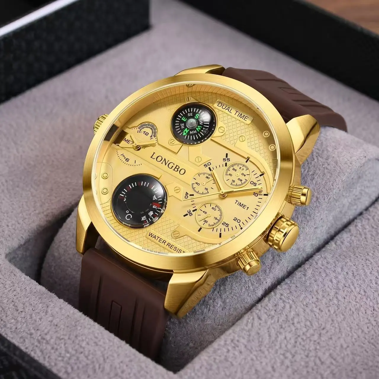 Men's Multifunctional Oversized , Fashion Chronograph with Dual Time Zone, Compass & Thermometer,Durable and Stylish Design  Large dial business  waterproof luminous quartz men's  outdoorfun Rose Gold Crystal Touch Screen Watch