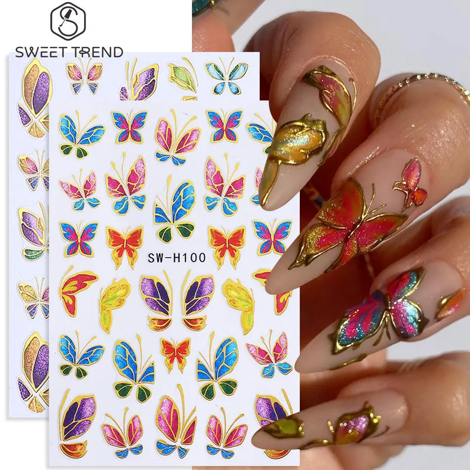 2pcs Bronzing Butterfly Nail Stickers Retron Golden Edge Butterfly Petals Adhesive Nail Decals DIY Charm Manicure Decor Slider