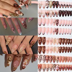 96pcs Almond Shape Press-On Nails, Glossy Finish, Leopard Print, Water Ripple Design, Alloy Cross with Rhinestones, Fake Nail