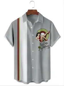 Men's Retro Classic Pin-Up Graphic Print Casual Shirt, Top, Button- Collar, Stylish Color Block Design, Breathable Polyester Fabric, Summer Short Sleeve Shirt for Festive Occasions, Vacation Clothing | Vintage Inspired Apparel, Menswear