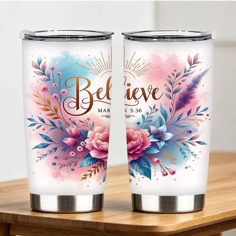 Believe Mark 5:36 Christian Art Floral Faith Insulated Travel Tumbler - Watercolor Inspirational Vacuum Flask, 1 Pc, 12/18/20/22/30/40 oz, Religious Faith Gift