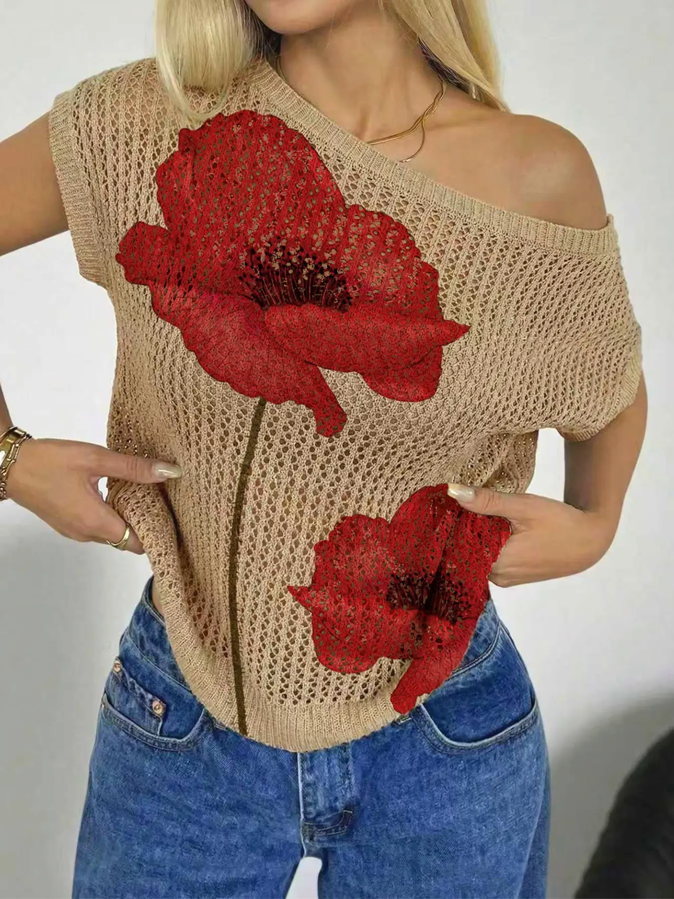 Spring Summer Women's Beach Vacation Casual Style Asymmetric Neck Shoulder Reveal Batwing Sleeve Semi-Transparent Lace, Floral Print Knit Top