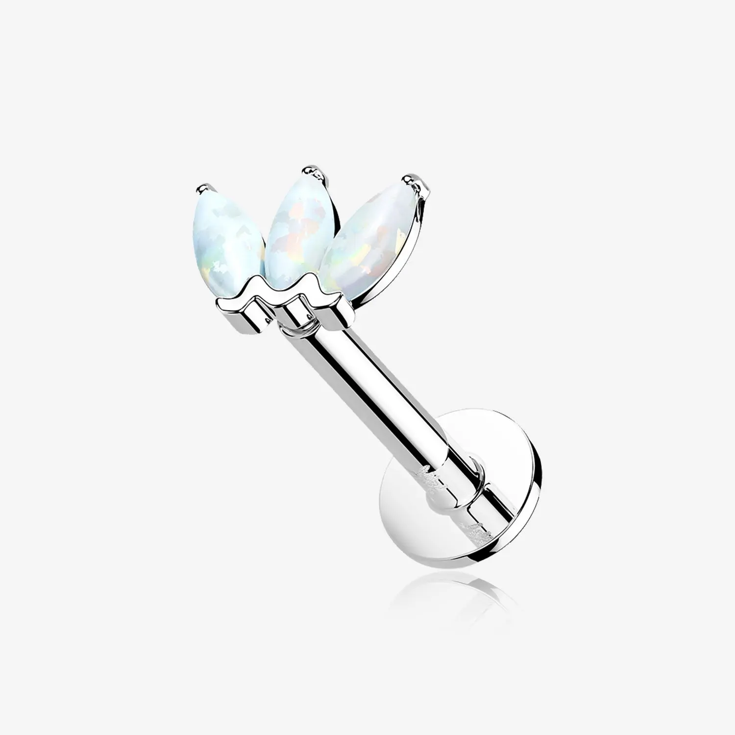 14 Karat White Gold OneFit Threadless Triple Marquise Fire Opal Flower Flat Back Stud Labret