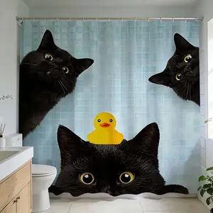 1 Pc Transform Your Bathroom with Playful Black Cat Design Shower Curtain, Bathroom Decoration Accessories, Perfect for Cat Lovers Bathroom Makeover, Bathroom Décor with Quirky Cat Motif, Bathroom Supplies