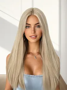MIXPOP Ash Blonde Long Straight Wig for Women - 28 Inch Middle Part Layered Synthetic Hair Wig, Heat Resistant Natural Looking Wig for Daily Party Cosplay