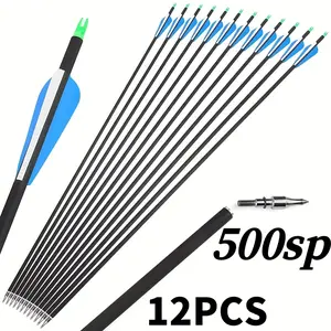 12 PCS Mixed Carbon Arrows, 500 Spine, 3-inch Vanes, Arrowheads Included, Lightweight & Durable, ID 6.2mm, Indoor & Outdoor Archery Training Accessory, OD 7.8mm, Outdoor Sporting Goods, Suitable for Beginners' Training