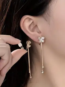 Fashion Sweet Zircon Butterfly Long Dangle Ear Cuffs, No Piercing Simple Design Women's Elegant Versatile Party Vacation Earrings