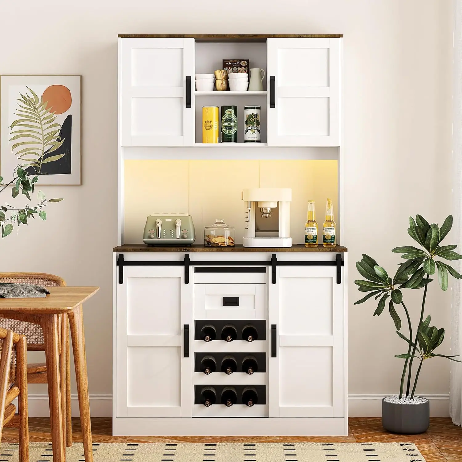 72" Farmhouse Bar Cabinet with Sliding Barn Door and LED Light Large Coffee Bar Cabinet with Power Outlet Wine Bar Cabinet with Storage Sideboard Buffet for Kitchen Pantry Dining Room, White