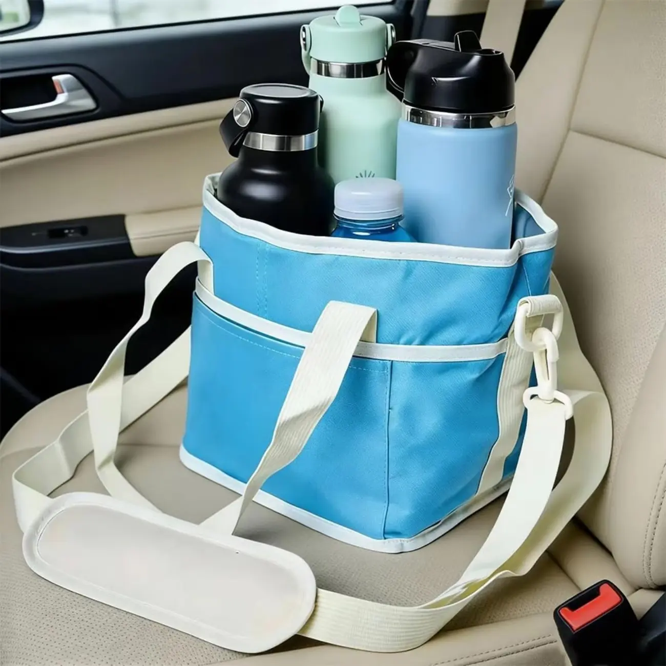 Stylish Insulated Water Bottle Carrier Bag with Shoulder Strap, Multi-Bottle Tote Holder, Large-Capacity Beverage Organizer with Front Pockets for Gym, Camping, Travel, Aluminium, Tumbler, Beach, Road Trips, Polyester, Easy Access, Practical