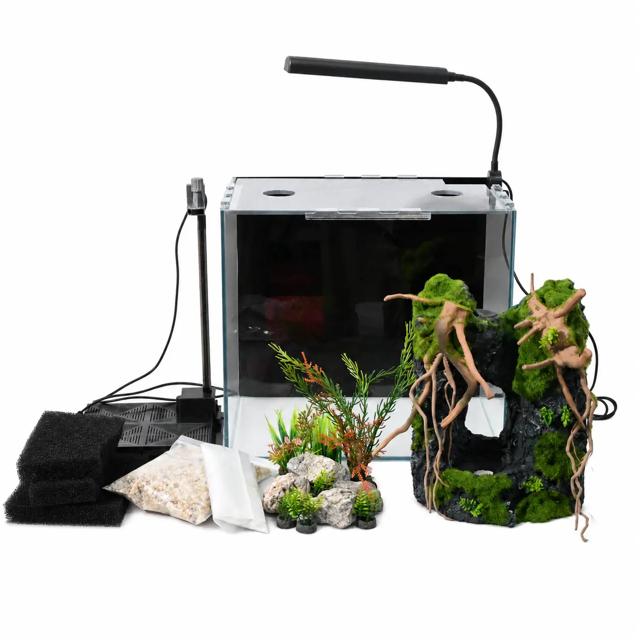 5.75 Gal Glass Aquarium Fish Tank Desktop Kit - All-in-1 with Sand Waterfall Decor, Hidden Bottom Filter, LED Light, and Cover Plate