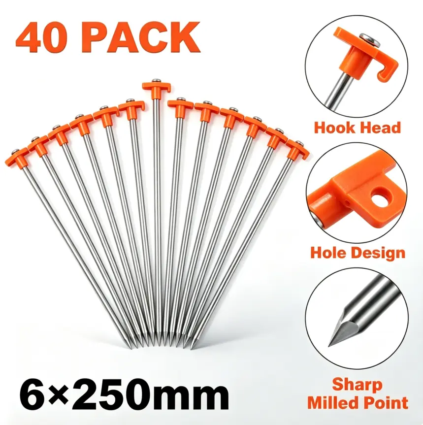 40-piece heavy-duty tent stakes, 9.75-inch tent stake nails, metal tent nails suitable for camping decks, gardens, canopies, grasslands, outdoors, orange driver