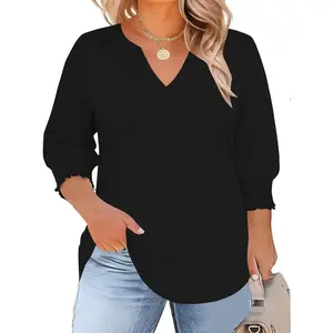 Womens Plus Size Tops 3/4 Sleeve Blouses Summer V Neck Shirts Smocked Cuffs Spring Outfits 1X-5X
