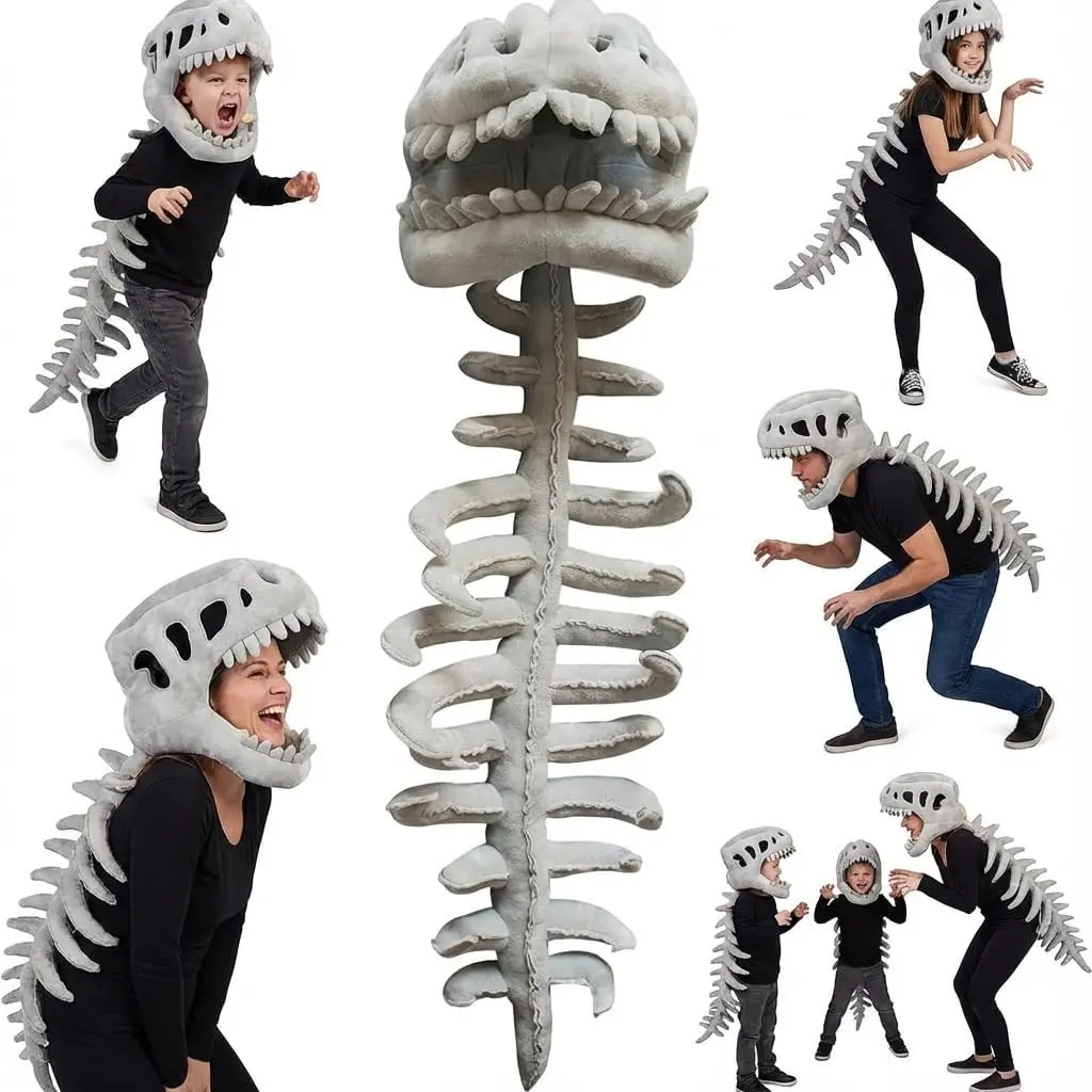 Dinosaur Skeleton Costume Set, 3D Spiked Head Mask & Plush Vertebrae, Perfect for Halloween, Cosplay, Role-Playing, Animal Theme Parties