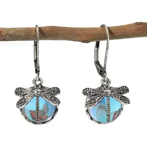 Dragonfly Motif Pendant Drop Earrings, Vintage Moonstone Inset Silver-Color Creative Jewelry for Sports & Outdoor Protective Gear Accessories