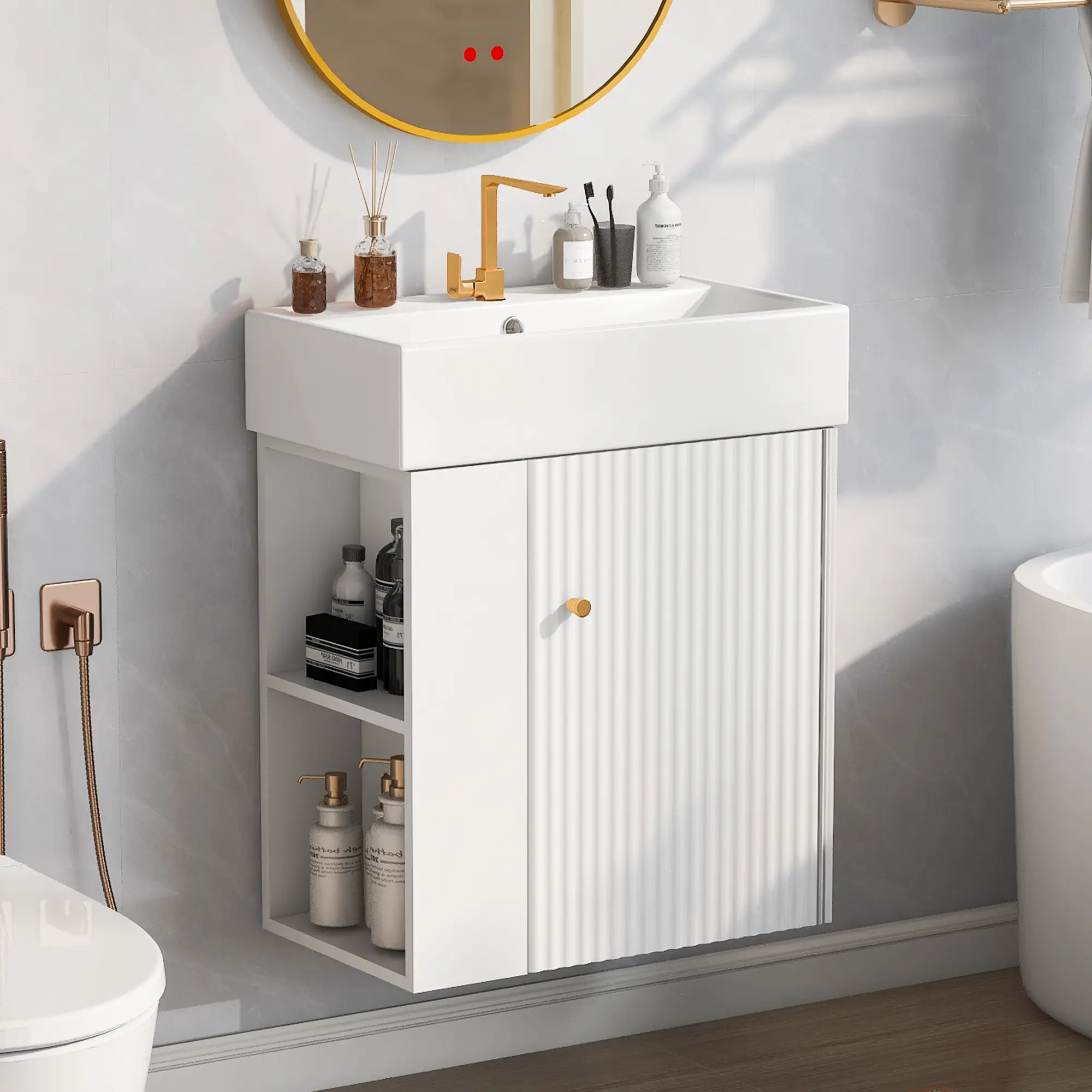 SAVEYOUR Modern Floating Bathroom Vanity - 21.6*12.2*26.4in Durable Unit, Pre-Drilled Ceramic Basin with Overflow Hole, Wave-Patterned Door, Rose Gold Handle, Left-Side Storage, Smooth Operation, Space-Saving for Small Bathrooms